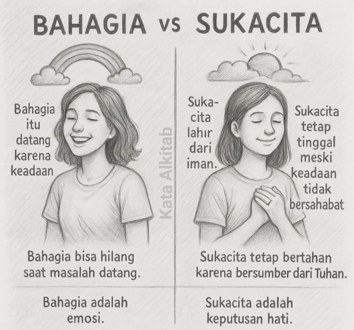 Bahagia itu seperti pelangi—indah tapi bisa cepat hilang.  Sukacita itu seperti matahari—selalu ada, walau kadang tertutup awan. 5 Perbedaan Sukacita dan Bahagia yang perlu kita ketahui 1• Asal Mula Bahagia datang dari hal-hal di luar diri, seperti dapat hadiah, jalan-jalan, atau dipuji orang. Sukacita muncul dari dalam hati, sering kali berasal dari iman, damai sejahtera, dan hubungan yang dekat dengan Tuhan. 2• Bersifat Sementara vs Tetap Bahagia bisa hilang kalau situasi berubah. Misalnya, hari ini senang karena gajian, besok stres karena tagihan. Sukacita tetap ada meski keadaan sedang sulit. Hati tetap tenang dan penuh harapan. 3• Tergantung Situasi vs Tidak Tergoyahkan Bahagia sangat bergantung pada keadaan. Kalau semuanya lancar, kita bahagia. Sukacita tidak tergoyahkan oleh situasi. Meski sedang duka, kita tetap bisa merasakan sukacita karena percaya Tuhan menyertai. 4• Reaksi Emosi vs Pilihan Hati Bahagia adalah reaksi spontan terhadap sesuatu yang menyenangkan. Sukacita adalah keputusan untuk tetap bersyukur dan berharap, bahkan saat tak ada alasan secara logika. 5• Dari Dunia vs Dari Tuhan Bahagia bisa diberikan oleh dunia. Sukacita adalah buah dari Roh Kudus  Kata Alkitab ( baca Galatia 5:22), hanya Tuhan saja yang bisa menumbuhkannya dalam hati kita. ■ BAHAGIA, bisa datang dan pergi tapi SUKACITA tetap ada dan tinggal- karena bersumber dari Tuhan bukan karena keadaan. Jadi jangan hanya mengejar bahagia tetap milikilah  sukacita yang tak tergoyahkan sebab, 𝙎𝙚𝙗𝙖𝙗 𝙨𝙪𝙠𝙖𝙘𝙞𝙩𝙖 𝙙𝙖𝙧𝙞 𝙏𝙪𝙝𝙖𝙣 𝙖𝙙𝙖𝙡𝙖𝙝 𝙠𝙚𝙠𝙪𝙖𝙩𝙖𝙣𝙢𝙪  baca Nehemia 8:10 Tuhan Yesus Memberkati #kasihkristus #firmantuhan #imankristen #motivasikristen #yesuskristus 