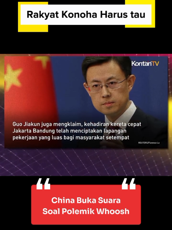 Pemerintah China ikut mencermati polemik utang kereta cepat Jakarta Bandung (KCJB) atau Whoosh. Juru Bicara Kementerian Luar Negeri China Guo Jiakun menyatakan, publik jangan hanya menilai proyek kereta cepat Jakarta Bandung hanya dari sisi keuntungan ekonomi. Tapi, publik juga harus melihat dari sisi yang lain, yakni manfaatnya yang besar dalam mendukung mobilitas dan konektivitas.  Proyek ini dinilai telah memainkan peranan besar dalam mendorong pembangunan ekonomi dan sosial Indonesia, serta meningkatkan konektivitas di kawasan Guo Jiakun juga mengklaim, kehadiran kereta cepat Jakarta Bandung telah menciptakan lapangan pekerjaan yang luas bagi masyarakat setempat dan mendorong pertumbuhan ekonomi di sepanjang jalur kereta api.  Menurut Guo Jiakun, Kereta Cepat Jakarta Bandung sudah dua tahun beroperasi secara aman, lancar dan tertib dengan melayani lebih dari 11,71 juta penumpang. Pemerintah China pun siap bekerja sama dengan Indonesia untuk terus memfasilitasi pengoperasian Kereta Cepat Jakarta Bandung yang berkualitas di tengah tinggi peningkatan arus penumpang. #kontannews #kontantv #kontan #whoosh 