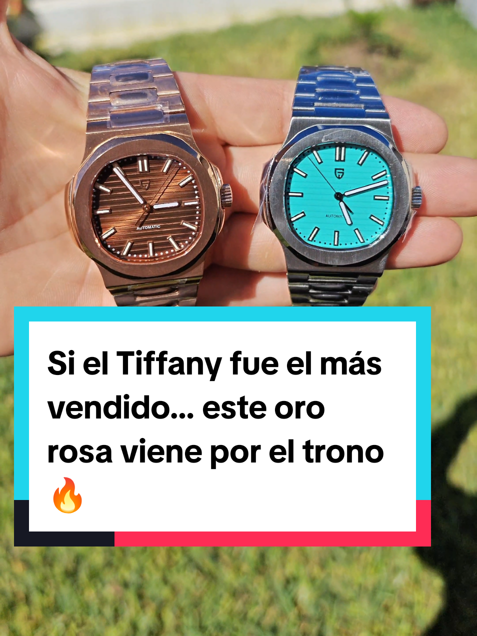 Dos versiones del reloj Pagani Design PD-1728, homenaje al Patek Philippe Nautilus — en oro rosa y Tiffany, ambos con movimiento automático, cristal de zafiro y acero inoxidable 316L. Relojes de lujo accesible, solo en Costa Rica  #reloj #relojes #paganidesign #patekphilippe #costarica 