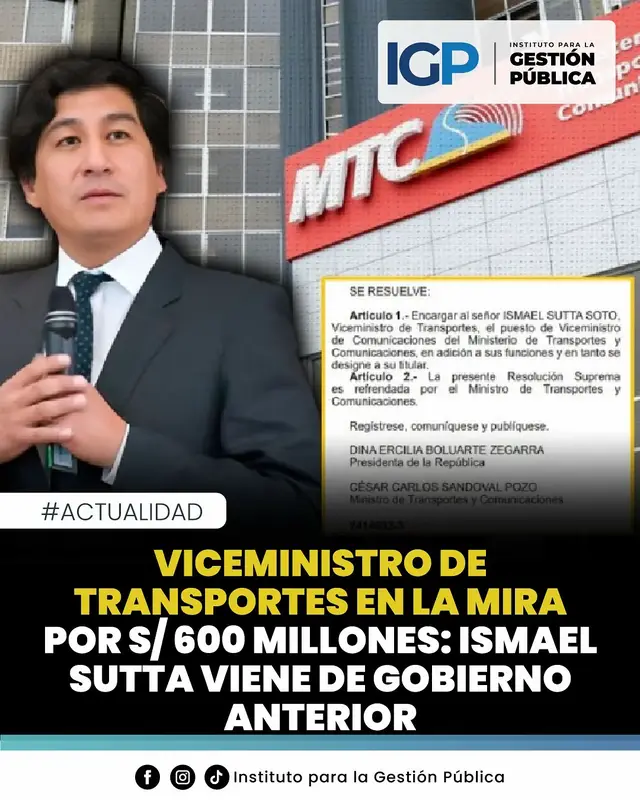 🚨 Investigación al viceministro de Transportes Ismael Sutta El Ministerio Público investiga al viceministro Ismael Sutta por presuntas licitaciones irregulares, una de ellas valorizada en S/608 millones, correspondiente al proyecto vial Boca del Río (Tacna), adjudicado al Consorcio Vial Sama, integrado por Construcción y Conservación del Norte SAC y China Gezhouba Group Company Limited, empresa cuestionada. El entonces ministro César Sandoval ordenó no firmar el contrato ante denuncias de acuerdos indebidos. Otra obra bajo sospecha es la vía Checca–Mazocruz, paralizada por irregularidades en Provías Proyecto Especial, también bajo el ámbito de Sutta. Aunque niega vínculos con Nicanor y José Ugarte Boluarte, Sutta fue designado tras una entrevista con Dina Boluarte en Palacio. Afirmó que no renunciará y que su permanencia depende del ministro Aldo Prieto. 📘 Fuente: Diario Expreso #gestionpublica #actualidad #perú #noticiasactuales 