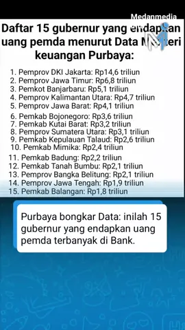 Menteri Keuangan (Menkeu) Purbaya Yudhi Sadewa baru saja mengumumkan daftar 15 pemerintah daerah dengan jumlah uang mengendap terbanyak di bank.  Tidak main-main, berdasarkan data Purbaya, para gubernur ini mengendapkan uang hingga triliunan di bank hingga berefek ke ekonomi.  Teratas ada Pemprov DKI Jakarta Rp14,6 triliun. Serapan anggaran yang tidak maksimal ini memberi efek ke perekonomian di daerah. #medanmediainfo #story #sumut #story #fyp 