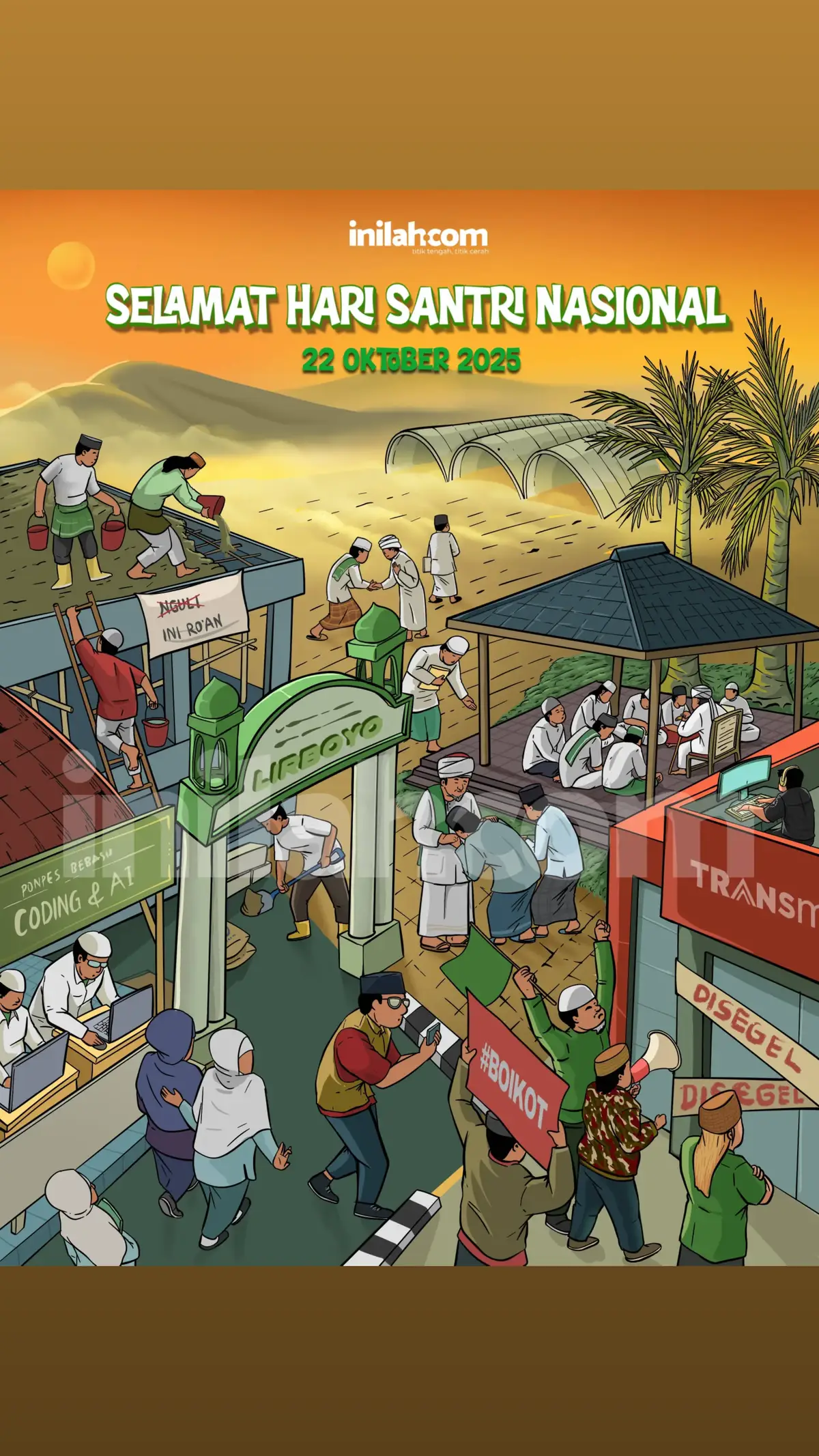 Dari ngaji hingga ngoding, santri terus berjuang membangun peradaban. Mereka tak gentar menghadapi zaman, karena zamanlah yang mereka didik. Dengan ilmu dan iman, santri siap menghadapi tantangan dan menjadi agen perubahan. Mari kita hargai perjuangan santri dalam membangun peradaban. Mereka adalah pejuang yang tak kenal lelah, dari pesantren hingga dunia digital. - 🎨 Ilustrator: Dede Kartiwan #Santri #AgenPerubahan #HariSantriNasional