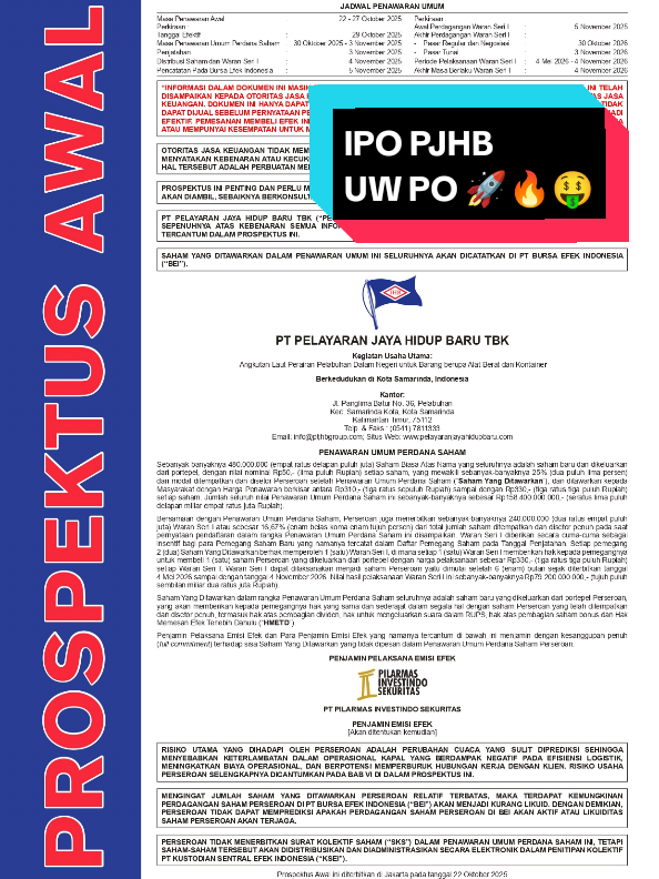 akhirnya tiba IPO baru PT pelayaran jaya hidup baru Tbk (PJHB) underwriter PO pilarmas Investindo sekuritas  mengingatkan IPO cgas dulu sangat cuan 🤑🔥🚀 sobat invest-in sudah siapkan cash nya kan serbu 🔥🔥🔥 #IPO #bursaefekindonesia #ihsg #sahamipo #sahamsyariah 