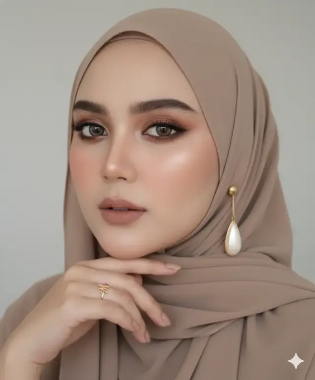 Edit foto ini dengan tidak merubah wajah. Dia memakai hijab paris coklat muda / beige, berpose menghadap sedikit ke kamera dengan pandangan yang intens , tangan menyentuh dagu. Nailart beige gold simple. Make up face flawless, matte finish dengan highlight lembut di tulang pipi, hidung, dan busur cupid. Alis rapi, mata smokey eye perpaduan warna coklat, lebih gelap bagian sudut, sedikit shimmer bagian tengah. Eyeliner wing memanjang, bulu mata lentik. Blush nude peach tajam di tulang pipi. Bibir plump dengan nude lipstik. Garis bibir lebih gelap menambah dimensi. Anting emas panjang dengan bentuk tetesan air berwarna ivory di ujung. anting menempel di kerudung bagian luar. Close up fokus pada wajah. Eye level. Wajah full mengisi frame. 85mm . F/1.8-f/2.8 . Latar belakang lembut bokeh. Hyper-realistic, high-fashion beauty shot, sedikit airbrushed. Pencahayaan soft box atau ring light. #fyppppppppppppppppppppppp #viraltiktok #trend #ai #gemini 