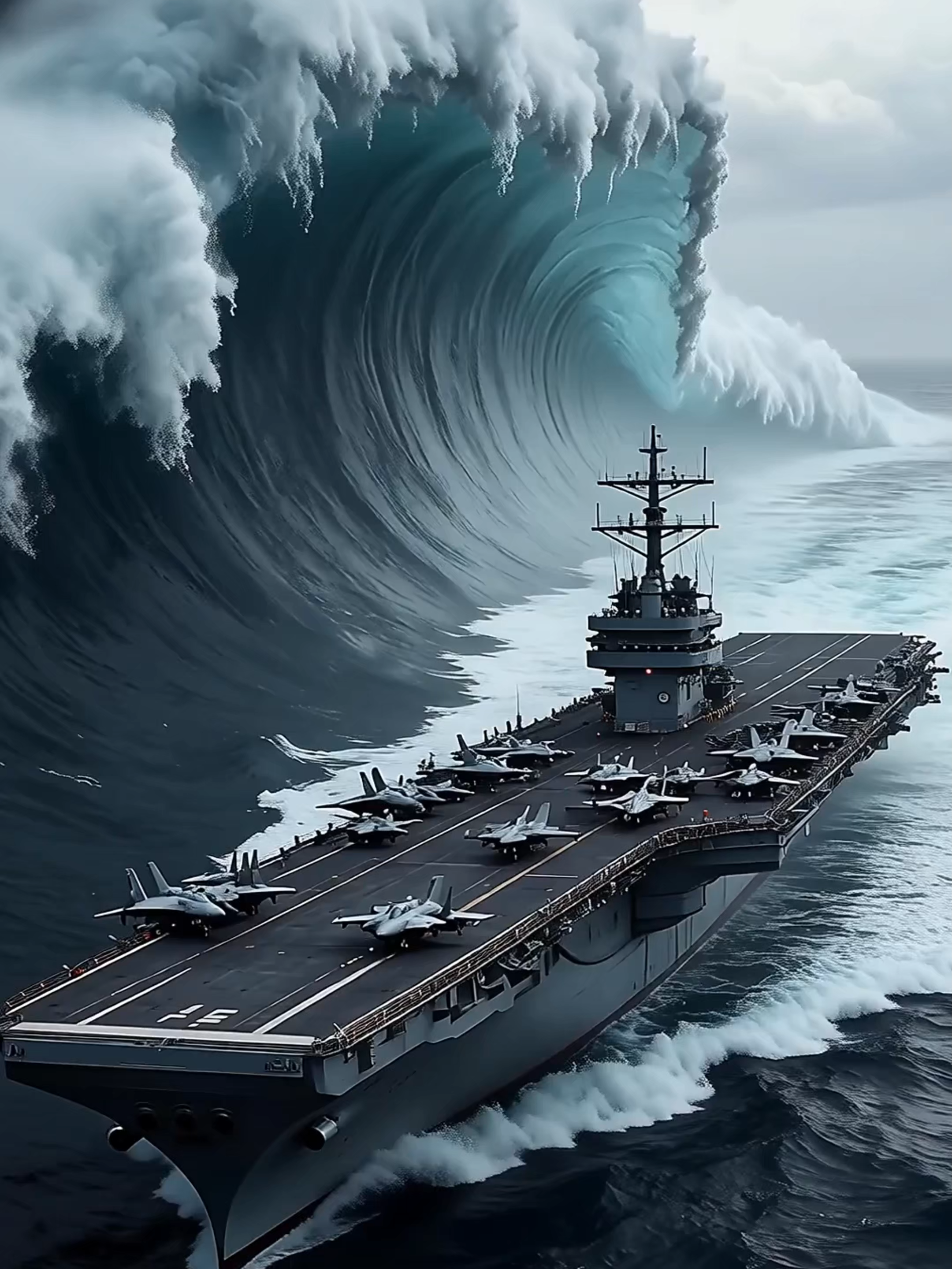 末日级天灾现场！海啸正面撞击航母，甲板战机被冲走 #航母 #海啸 #自然灾害 #AI灾难短片