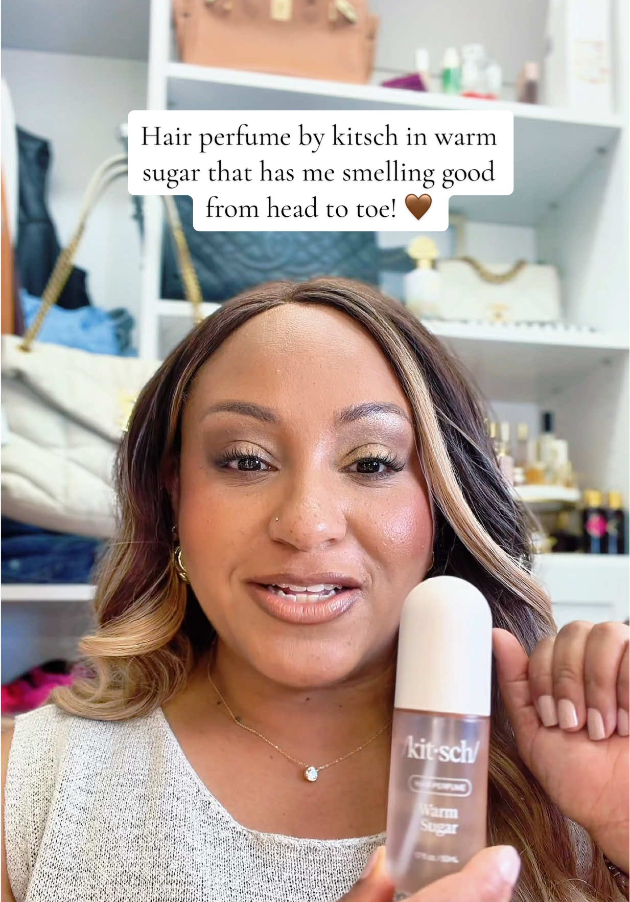 Hair perfume by kitsch in warm sugar that will literally have you smelling good from head to toe! We can’t forget about our hair ladies! #kitschhairperfume #hairperfume #kitsch @Kitsch 