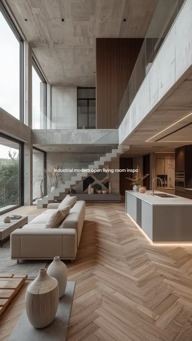 These modern industrial interior design open living rooms are beautiful with hints of modern japandi and wabi sabi decor elements.🤍✨ I would love to see the industrial home decor to become a home decor trend 2026 or any other year. The modern minimalist home decor look is stunning with the raw materials combined with the more soft and chic home aesthetics of the japandi home decor.🤎✨ #homedecor #interiordesign #homeinspo #livingroom #openkitchen 