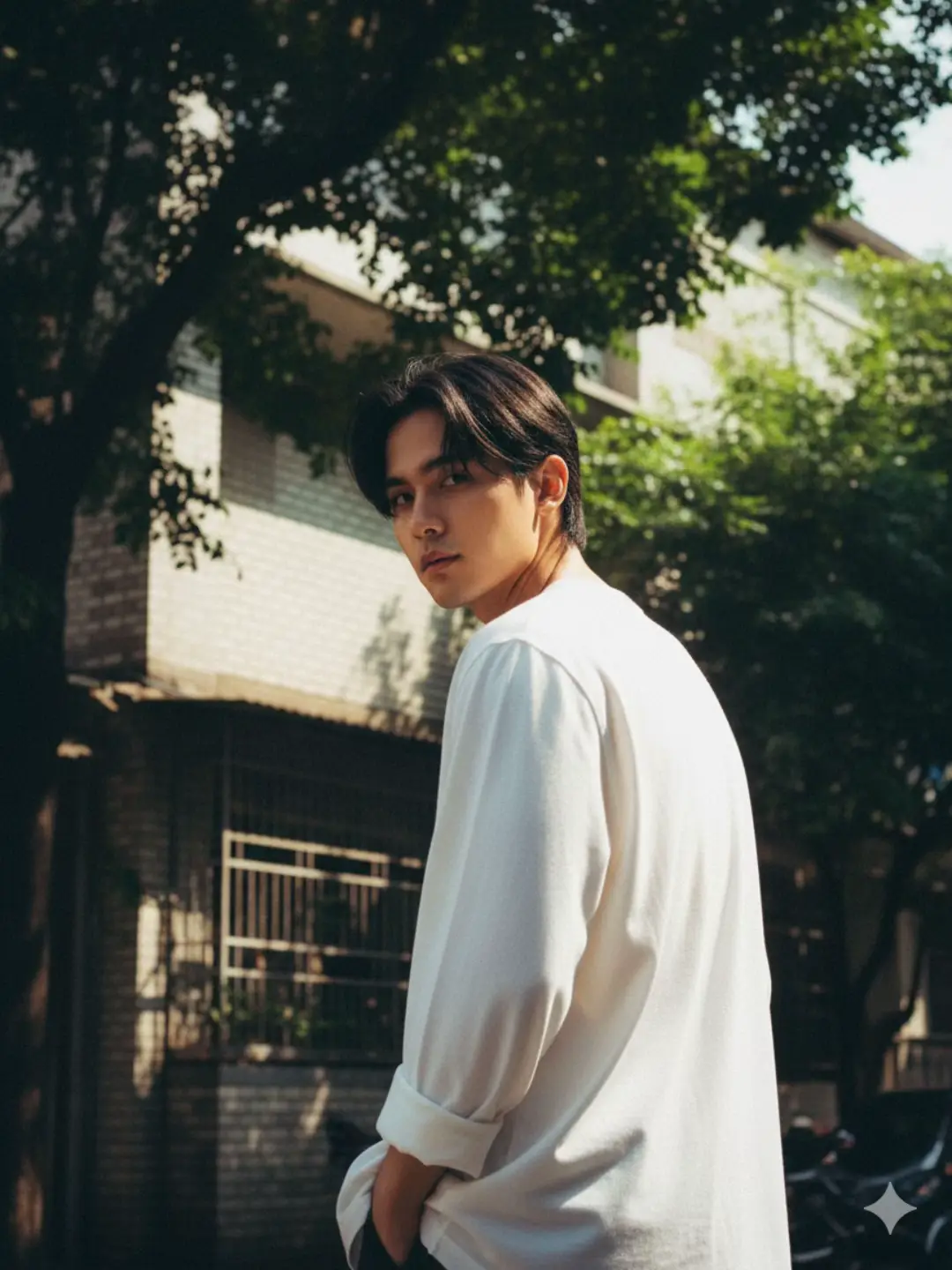 Prompt : Buatkan foto pria ini tanpa merubah wajah dan rambutnya, seorang pria yang berpose menghadap kamera, sedikit memutar tubuhnya sehingga sebagian besar punggungnya terlihat, namun kepalanya menoleh ke arah fotografer. Penampilan Pria: Ia memiliki rambut yang ditata sedikit berantakan dan panjangnya mencapai sedikit di atas bahu atau menutupi telinga bagian bawah. Wajahnya terlihat fokus dan tatapannya tajam mengarah ke kamera. Pakaian: Ia mengenakan kemeja lengan panjang berwarna putih polos atau krem muda. Kemeja tersebut tampak longgar atau oversized dan lengannya digulung sedikit, memberikan kesan santai namun rapi. Latar Belakang dan Lingkungan: Foto ini tampaknya diambil di luar ruangan, kemungkinan di sebuah lingkungan perumahan atau area perkotaan dengan vegetasi yang rimbun. Vegetasi: Di bagian atas foto, terutama di sisi kanan dan kiri, terlihat dedaunan hijau gelap yang sangat rimbun dari pepohonan. Daun-daun ini menciptakan semacam kanopi alami di atas subjek. Bangunan: Di sisi kiri dan tengah-belakang, terlihat permukaan dinding bangunan. Dinding tersebut memiliki tekstur kasar atau bergelombang, menyerupai susunan bata atau keramik kecil berwarna putih pudar atau krem. Ada beberapa struktur logam atau jeruji yang terlihat di dekat dinding tersebut. Pencahayaan dan Atmosfer: Pencahayaan adalah elemen kunci dalam foto ini, memberikan suasana dramatis dan hangat. Cahaya: Foto ini diambil dengan pencahayaan alami yang sangat kuat dari atas dan belakang (cahaya matahari), menghasilkan efek backlighting yang menonjolkan siluet subjek dan menciptakan sorotan cerah pada rambut dan kemeja pria tersebut. Bayangan: Karena cahaya datang dari atas/belakang, banyak area di latar depan dan di antara dedaunan yang tampak teduh dan gelap (kontras tinggi). Estetika: Keseluruhan foto memiliki tone warna yang agak hangat dan sedikit pudar atau grainy (berbintik), menyerupai estetika foto yang diambil dengan kamera film atau menggunakan filter vintage, memberikan nuansa nostalgia atau sinematik. Komposisi: Komposisi menggunakan low angle (sudut rendah) atau seolah-olah kamera diletakkan sedikit di bawah pandangan mata subjek, membuat subjek terlihat lebih menonjol terhadap langit yang terang dan dedaunan. Pria itu menempati bagian kanan tengah bingkai, sementara latar belakang bangunan dan pepohonan memenuhi sisa ruang. #ai #gemini #prompt #fyp #foryoupage 