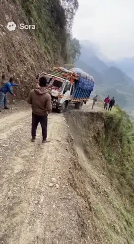 This content is AI-generated and shows a simulation of a truck falling from a hill.