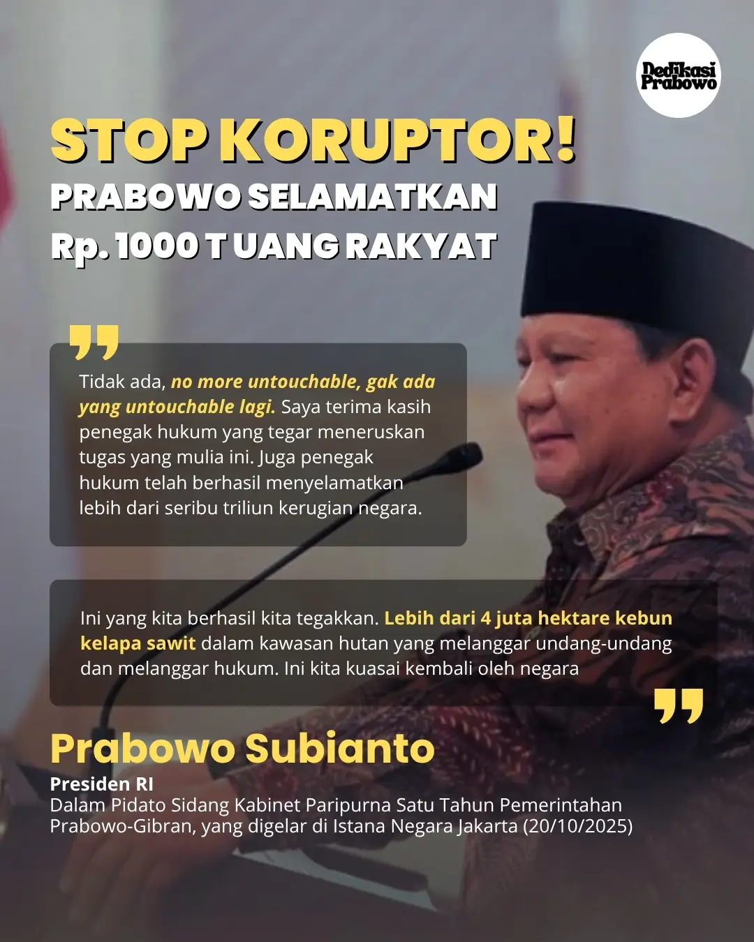 STOP KORUPTOR! Prabowo Gaspol Selamatin Rp 1000 Triliun Uang Rakyat! 🇮🇩🔥 “No more untouchable! Gak ada yang kebal hukum di negeri ini!” — tegas Pak Prabowo. 💪 Lebih dari 4 juta hektare kebun sawit ilegal udah berhasil direbut balik buat negara. 💰🌳 Kerja nyata, bukan wacana! 🚀 #indonesian #prabowo #tegas #indonesia🇮🇩  #lawankorupsi 