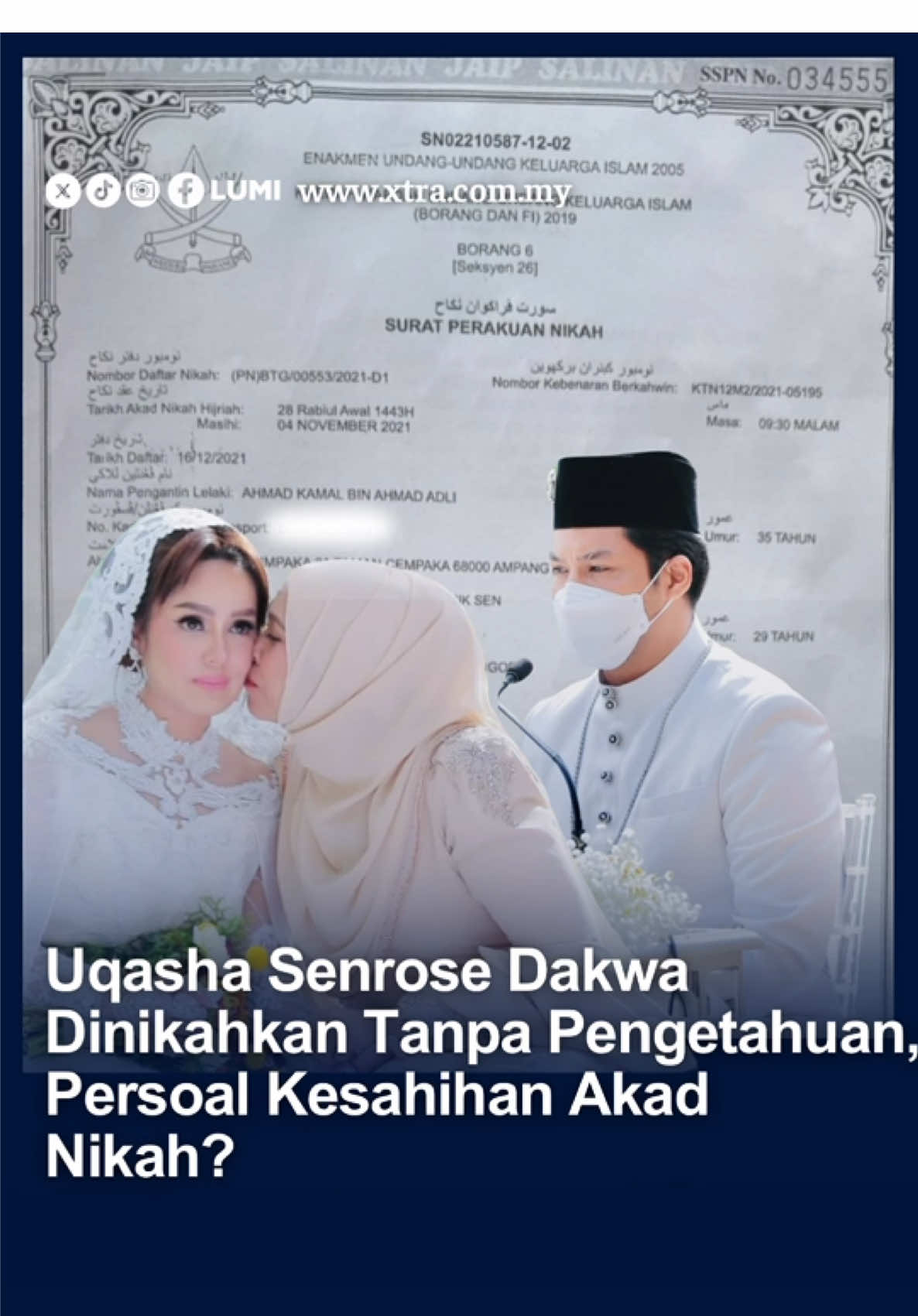 Pelakon Uqasha Senrose tampil membuat pendedahan mengejutkan di laman Instagram apabila mendakwa dirinya telah dinikahkan tanpa pengetahuan pada tarikh berbeza daripada yang dimaklumkan. Menurut Uqasha, dia dimaklumkan akad nikah akan berlangsung pada 5 November 2021, namun dalam sijil nikah yang diterima, tarikh sebenar tertulis 4 November 2021, jam 9.30 malam. Uqasha turut memohon pandangan daripada pihak berautoriti termasuk ustaz dan ustazah bagi mendapatkan penjelasan mengenai kesahihan pernikahan tersebut. #xtra #fyp #uqashasenrose #kamaladli #sijilnikah 