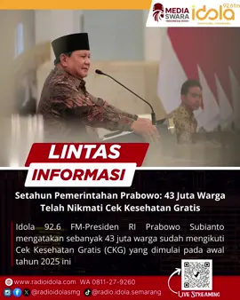 Presiden RI Prabowo Subianto mengatakan sebanyak 43 juta warga sudah mengikuti Cek Kesehatan Gratis (CKG) yang dimulai pada awal tahun 2025 ini. #presiden #prabowosubianto #cekkesehatangratis #ckg #radio    