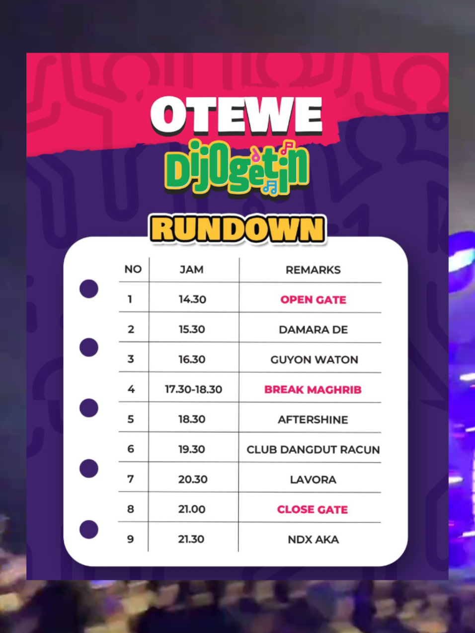 Ini yang kalian tunggu-tunggu ❗ Rundown otewe @Dijogetin Official  Catat jam artis kesayangan kalian ya 💃  #otewedijogetin #dijogetin #meikarta #dijogetinbareng #ndx 