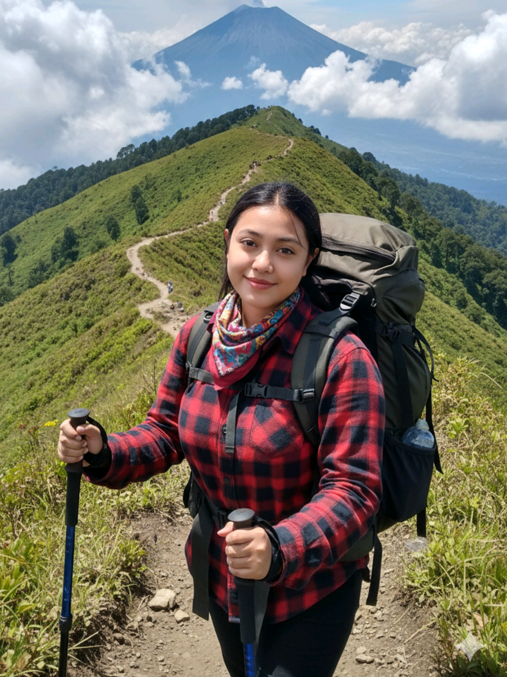 Prompt Gemini Ai wanita pendaki gunung di jalur pendakian Buatkan gambar hyper-realistic, wajahnya sama persis dengan foto referensi (100% tanpa perubahan pada wajah, mata, struktur wajah, alis, hidung, bibir dan juga jangan merubah bentuk badan) Seorang wanita pendaki gunung di jalur pendakian, mengenakan, kemeja flanel lengan panjang, slayer dengan corak dan ransel, memegang tongkat trekking, dikelilingi perbukitan hijau dan awan tebal, langit biru cerah, puncak gunung semeru di kejauhan, suasana petualangan di alam, pencahayaan alami, foto outdoor dengan warna cerah, sinematik, beresolusi sangat tinggi, 8K, fokus tajam dan detail tajam. #gunung #fyp #fyppppppppppppppppppppppp #fypシ゚ #fypage 