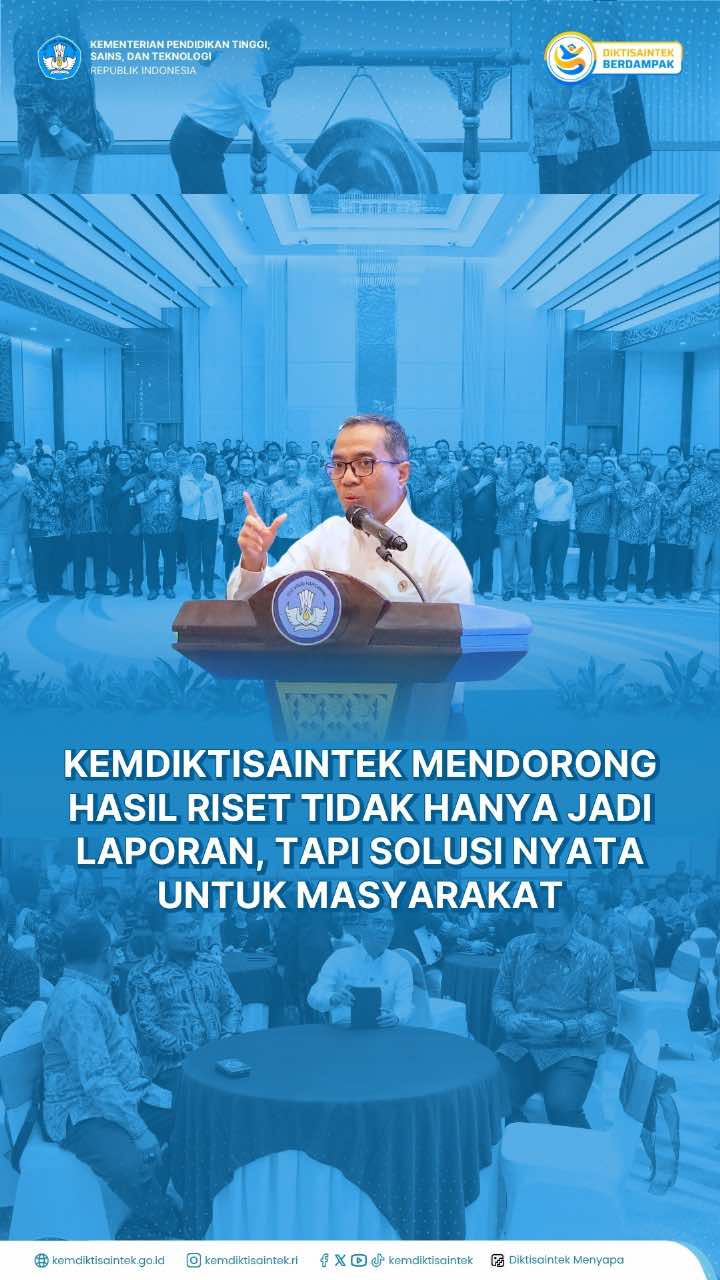 Halo #InsanDiktisaintek Kemdiktisaintek mendorong hasil riset tidak hanya jadi laporan, tapi solusi nyata untuk masyarakat. Melalui Program Riset Prioritas dan Strategis 2026, Kemdiktisaintek siapkan arah baru riset nasional yang lebih kolaboratif, berdampak, dan dekat dengan kebutuhan rakyat. Dari kampus, laboratorium, hingga industri semua bersatu untuk membangun Indonesia berbasis ilmu pengetahuan dan teknologi. #Kemdiktisaintek #RisetBerdampak  #DiktisaintekBerdampak #KampusBerdampak