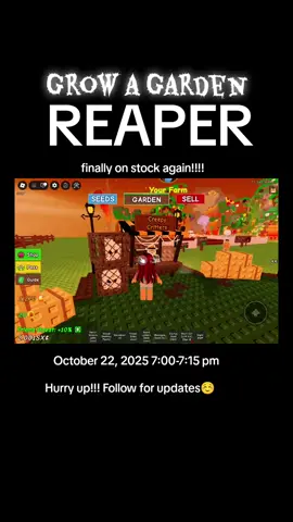 Grow a garden REAPER on stock hurry up!!!! DISCLAIMER : NO REAL MONEY INVOLVED  #spooky #growagarden #robloxfyp #robloxtiktok 