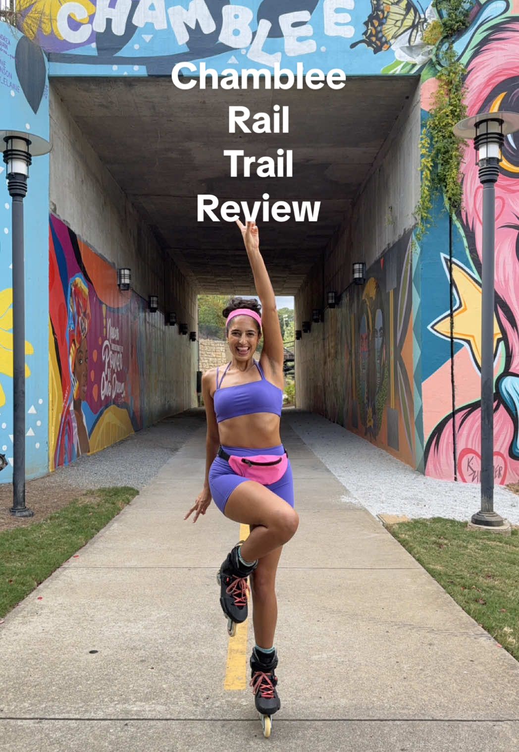 One of Atlantas newest greenways / walking trails: the Chamblee Rail Trail! Such a beautiful trail, especially love all the public art and surrounding trees, plus not far from some great local eateries. A lovely spot for a quick skate or a hot girl walk. I just wish it was longer! This trail is quite short it took me 20 minutes to do the full loop and I prefer longer trails!  📈Chamblee Rail Trail is 1.96 miles long and currently runs from Keswick Park (softball field) to Peachtree Road (north/south).  😍 The terrain was super smooth and on the rail trail was fairly flat, but there is a long steady hill once you turn off the rail trail towards city hall.  🚊The trail has Marta access at the Chamblee station! 💕The trail also features outdoor games (cornhole, bocce, fooseball and ping pong) and musical instruments (Imbarimba, Swirl, Yantzee, Tuned Drums and a Piano) located under Clairmont Bridge. #inlineskating #atlantaskaters #chamblee #chambleerailtrail 