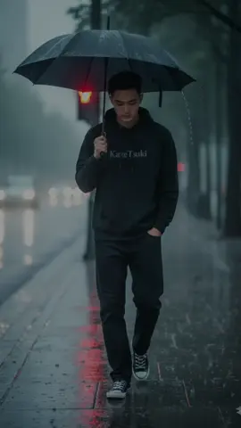 Buat foto ini tanpa merubah wajah, dengan pandangan menunduk ke jalan. Suasana jalan kota modern yang sinematik dan mendung di tengah hujan. Seorang pria muda dengan ekspresi tenang berjalan perlahan di trotoar yang basah sambil memegang payung hitam besar. mengenakan outfit: hoodie hitam pekat. celana jeans longgar warna hitam, sepatu converse. Jalanan mengkilap karena hujan, memantulkan cahaya lampu lalu lintas merah. sinyal pejalan kaki merah menyala di sampingnya. Di latar belakang, lampu depan mobil yang kabur menembus kabut tebal. Pepohonan tinggi berjajar di sisi trotoar, cabangnya samar karena kabut, pencahayaan lembut dan tersebar, menciptakan suasana sendu dan tenang dengan palet warna kebiruan dan abu-abu dingin. Posisi pria tersebut santai dengan posisi tangan di saku, menambah kesan tenang dan kontemplatif pada pemandangan ini. #CapCut #GEMINI #AI #fyp 