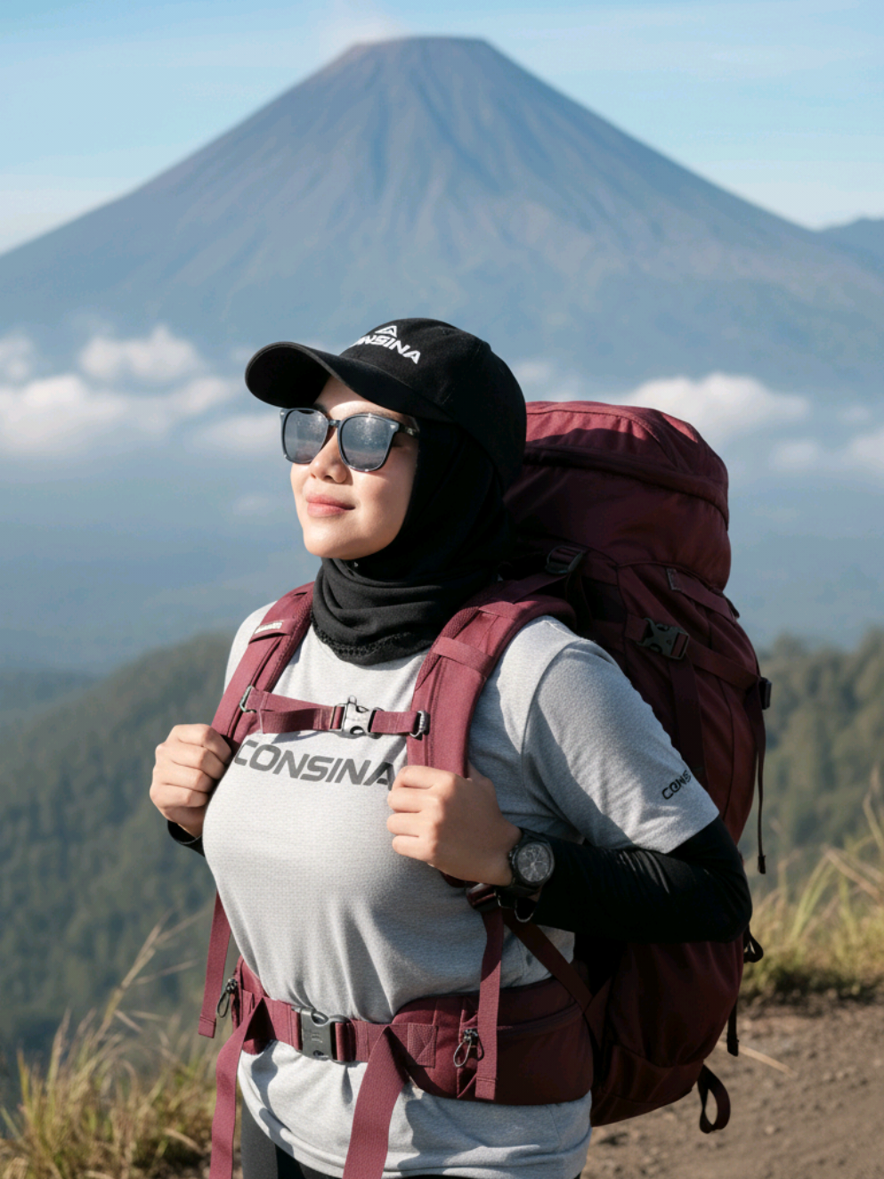 Prompt Gemini Ai wanita berdiri di jalur pegunungan Buatkan gambar hyper-realistic, wajahnya sama persis dengan foto referensi (100% tanpa perubahan pada wajah, mata, struktur wajah, alis, hidung, bibir dan juga jangan merubah bentuk badan) Potret seorang pendaki wanita berhijab hitam berdiri di jalur pegunungan dengan gunung berapi yang megah di latar belakang, mengenakan kacamata hitam, topi hitam tulisan 