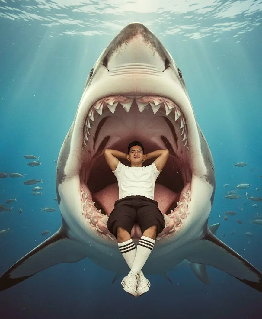 Tutorial edit di GEMINI AI 🫵 1. buka aplikasi Gemini 📲 2. Masukan foto kamu 📸 3. Copy+paste prompt di bawah 👇 ​ PROMPT : A vintage-style photorealistic image of an athletic man lying relaxed in the wide-open jaws of a great white shark. His arms are behind his head, his legs are crossed, and he is wearing a white t-shirt, black cargo shorts, high-top white striped athletic socks, and sneakers. Despite the obvious threat, he appears relaxed. 9:16. Prompt by : aniiketsinghrajput ( Threads ) #GeminiAi #geminitrend #gemini #fyp #promptgemini 