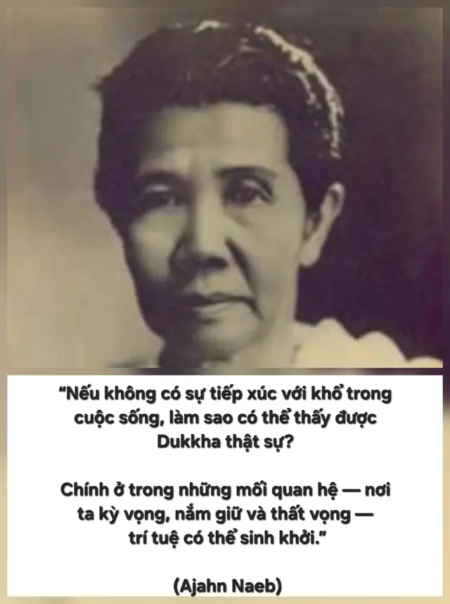 “Nếu không có sự tiếp xúc với khổ trong cuộc sống, làm sao có thể thấy được Dukkha thật sự? Chính ở trong những mối quan hệ — nơi ta kỳ vọng, nắm giữ và thất vọng — trí tuệ có thể sinh khởi.”  (Ajahn Naeb)