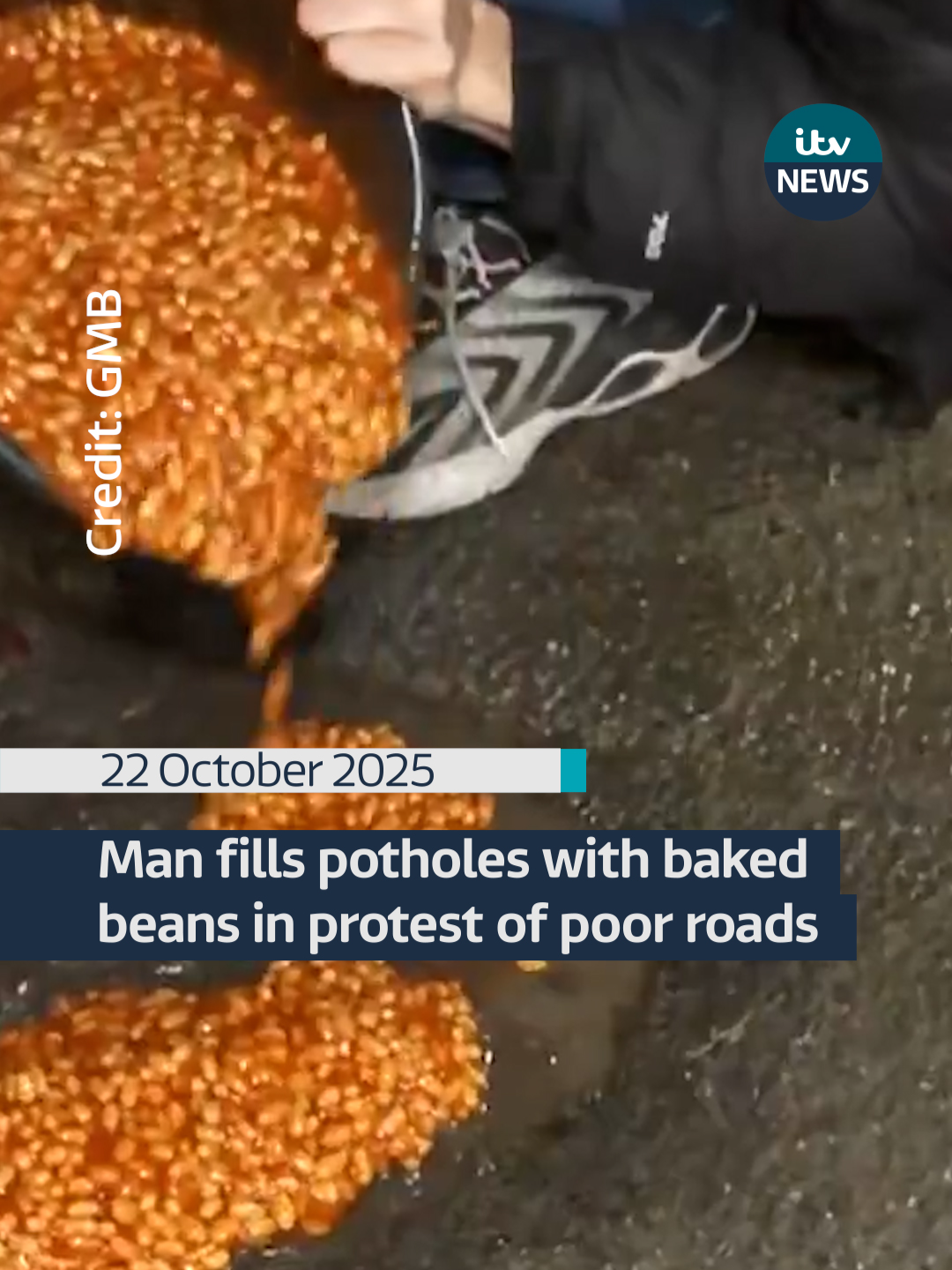 Campaigner Ben Thornbury has been filling potholes with baked beans in protest of the increasing problem around Malmesbury in Wiltshire. The RAC says the number of callouts they’ve received during the summer from drivers who’ve damaged their vehicles on potholes, has risen by 25% compared to the same period last year. #itvnews #potholes