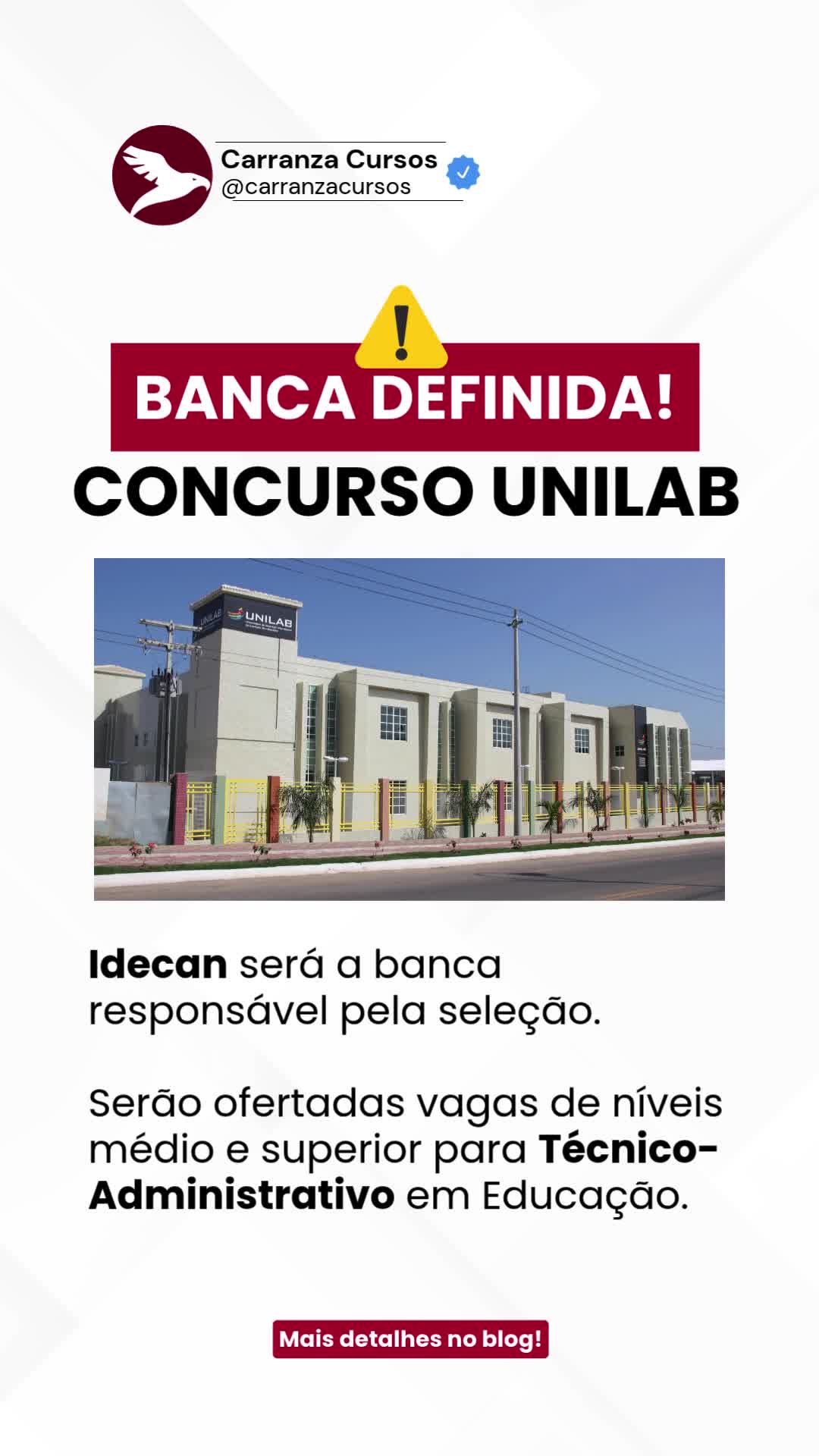 🔴Atenção galera do Ceará! A Unilab já tem banca, isso significa que o edital está iminente.⚠️ Serão ofertadas 39 vagas de níveis médio e superior para Técnico-Administrativo em Educação, distribuídas da seguinte forma: Assistente em Administração – 5 Vagas Técnico de Laboratório/Área – 6 Vagas Técnico em Contabilidade – 2 Vagas Técnico em Segurança do Trabalho – 2 Vagas Técnico em Tecnologia da Informação – 7 Vagas Analista em Tecnologia da Informação – 1 Vaga Arquivista – 1 Vaga Contador – 1 Vaga Economista – 1 Vaga Enfermeiro/Área – 1 Vaga Engenheiro de Segurança do Trabalho – 5 Vagas Engenheiro/Área – 1 Vaga Médico Veterinário – 2 Vagas Médico/Área – 3 Vagas Nutricionista – 1 Vaga Saiba mais detalhes do certame dentro do nosso blog de notícias. 🟢Hoje às 20h faremos uma live pre-edital com a Professora Giovanna Carranza para explicar todos os detalhes do certame.