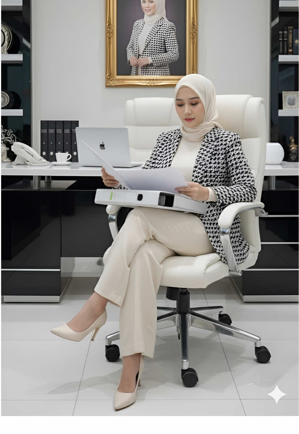 Kesampean juga jadi CEO berkat Gemini Ai Makasih promptnya cantik @Roanshopp 🤍🖤 Prompt : Tanpa merubah wajah sedikitpun, edit foto saya menjadi Foto realistis seorang wanita cantik duduk dengan percaya diri di kursi kerja eksekutif,dengan ruangan kantor yang modren, kursi kerja yang modren dan mewah bewarna putih, meja kerja yang mewah elegan dan modren menyesuaikan ruangan bewarna hitam atau putih glossy. mengenakan blazer pink lembut, celana panjang pink lembut, dan hijab pink lembut. Ia memakai dalaman rajut warna krem serta sepatu hak tinggi warna pink lembut. Kakinya disilangkan dengan anggun seperti seorang bos di kantor mewah. Riasan wajah gaya Korean look, tekstur kulit manusia realistis, pencahayaan alami, detail kain yang nyata, foto potret profesional, bukan animasi, bukan ilustrasi, bukan render 3D. Di belakang dinding terdapat bingkai foto besar dirinya  dengan frame mewah warna gold dipajang. Dan dimeja dibelakang wanita ada laptop apple terlihat dari belakang terbuka dan buku-buku file. Telepon warna putih yang modren, secangkir kopi warna putih yang modren. --- ❌ Prompt negatif (agar tidak jadi animasi atau kartun): > kartun, animasi, 3d render, CGI, gambar, ilustrasi, gaya anime, digital art, tidak realistis, kulit seperti boneka, kulit plastik #CapCut #gemini #prompt #editfotogemini #aistudio 