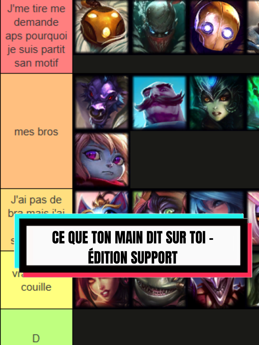 CE QUE TON MAIN DIT SUR TOI – ÉDITION SUPPORT  Envie de savoir ce que TON main support dit sur toi ? Aujourd’hui on passe tous les champions au détecteur de personnalité : des “bros” aux “vrais casse-couille”, en mode tier list maison. Humour, sel et un peu trop de vérité… 👀 💬 Si je t'ai oublié dis-moi en commentaire ton main supp !#LeagueOfLegends #riot #LOLFR