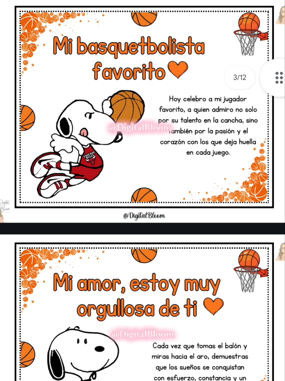 🏀💖 PLANTILLA DE “FELIZ DÍA, MI BASQUETBOLISTA FAVORITO” Versión Snoopy – Modelo 1 🐾 Este 27 de octubre celebra con un detalle lleno de ternura y estilo deportivo ✨ Incluye 10 páginas adorables, una fotito personalizada totalmente gratis 📸 y un obsequio especial por la compra 🎁 ¡Todo por solo S/5.50! 💥 📲 Escríbeme al +51 9️⃣5️⃣3️⃣5️⃣8️⃣6️⃣8️⃣7️⃣6️⃣ y sorprende a tu basquetbolista favorito como nunca 🧡 #DiaDelBasquetbolista #SnoopyLove #RegaloDigital #DigitalBloom #DetallesConAmor