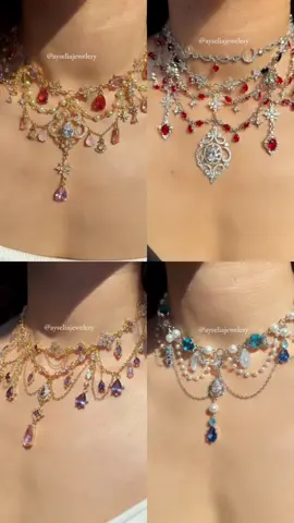 Pieces I made recently ✨ . . #shinyjewelry #jewelryusa #necklaces #necklacemaking #magicaljewelry #bridgerton #bridgertonvibes #fantasyjewelry #princessaesthetic #royalcore #regalvibes #princessaesthetic #romanticvibes #sparklingjewels #fairytalebeauty #handmadeusa #fairyaesthetic #glamourous