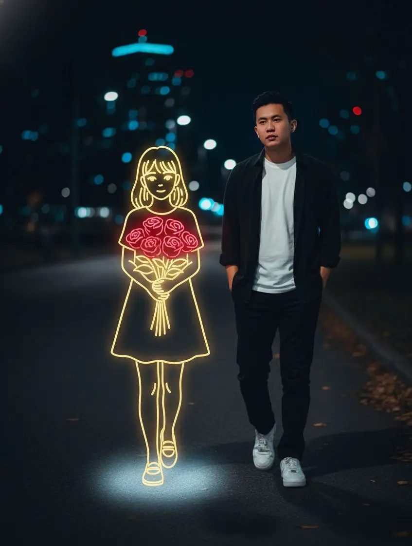 Tutorial edit di GEMINI AI 🫵 1. buka aplikasi Gemini 📲 2. Masukan foto kamu 📸 3. Copy+paste prompt di bawah 👇 ​ PROMPT : A young man walks alone on a dimly lit path at night, wearing dark casual clothes and white sneakers. Beside him appears a Golden glowing, neon-style illustration of a girl holding a bouquet of bright red roses. The neon girl emits a soft white light, contrasting against the dark, blurry background of city lights in the distance. The atmosphere feels calm, melancholic, and slightly surreal, blending reality and imagination. 100% accurate my face. 9:16. Prompt by : __ai___editor__ ( Threads ) #GeminiAi #geminitrend #gemini #fyp #promptgemini 