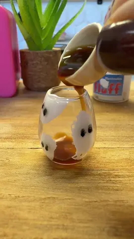 Another coffee Blooper (kinda) this time a weeping ghost 👻 * anyhoo this would be super cool big too!. Marshmallow fluff, coffee with extra cream 👀 cream and draw eyes on the outside of the glass in edible ink - enjoy! #halloween #mini #minifoodcooking #coffee #creatorsearchinsights 