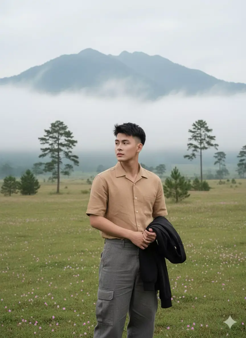 Create a port trade image. Refer to the person with the same face as the original attached 100% in the meadow behind the mountain. There are many tall pine trees in the middle of the fields. There are small pink flowers. There is fog, the atmosphere is similar to on Phu Soi Dao. Wearing a light brown shirt with short sleeves, wearing long legs, oversized gray cargo, large, low waist, loose linen, standing in a natural hair pose, face not looking at the camera, holding a black long-sleeved coat. Makeup: Natural tone makeup gives a sweet feeling, smooth white skin, natural tone lips, Korean style hairstyle with a little wind blowing hair, 100% original face, good body. Camera details: Use the Canon EOS R5 camera, RF 85mm f/1.2L full-frame lens, f/1.4 aperture, up to 8K resolution, providing professional realistic clarity. Light: Natural light from the day, a little bright, romantic atmosphere, romantic look and the face has a gentle breeze, making the bright skin stand out. Close-up images that fit the flame. Harmonize with the background according to the original image.