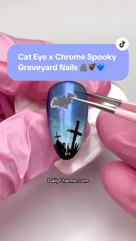 Cat Eye x Chrome Spooky Graveyard Nails 🪦🦇💙 Eerie, shiny, and perfect for Halloween vibes! 👻  💅 Everything used for this look is from the brand Daily Charme & is listed below. All goodies are available now in our TikTok shop or via the 🔗 in bi0 💖 Save & share for Halloween nail inspo! 🎃 Using @daily_charme:  💙 3-in-1 Indigo Blue Magnetic Chrome Powder  💙 3-in-1 Icy Blue Magnetic Chrome Powder  💙 N09 Jawbreaker  💙 807 Tea Time  💙 001 Perfect Black  💙 Strong Cat Eye Magnet Cylinder  💙 Spooky Halloween Nail Art Sticker / Haunted Mouse  💙 12 Art Liner Nail Art Brush  💙 Pink Nail Art Tweezer  💙 Diamond Shine Top Coat  #cateeyenails #halloweennails #chromenails #graveyardnails #spookynails     