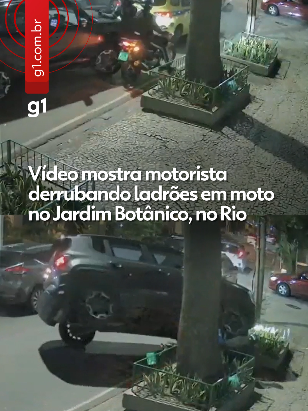 Detidos ainda embaixo do carro - Novas imagens, obtidas pelo g1, mostram quando uma motorista reage a um assalto e joga o carro contra os ladrões, em uma moto, na noite desta terça-feira (21) no Jardim Botânico. Dois homens ficaram prensados sob o Jeep Renegade da vítima e um canteiro de plantas na calçada da Rua Lopes Quintas. O veículo era blindado, e a mulher jogou o veículo contra uma das motos envolvidas no ataque. Os criminosos atropelados foram algemados ainda debaixo do carro. Bombeiros foram acionados e usaram um macaco-hidráulico para retirar os ladrões.  Os homens foram atendidos sob custódia no Hospital Municipal Miguel Couto, receberam alta e foram levados para a 15ª DP (Gávea). Na delegacia, os presos ficaram calados.  Segundo as investigações da 15ª DP (Gávea), os suspeitos são da Mangueira, na Zona Norte, e cometem assaltos por toda a Zona Sul. Para saber mais, clique em 'leia o artigo' #g1 #tiktoknotícias #riodejaneiro #assaltantes #rouboacarro #riodejaneiro #jardimbotânico