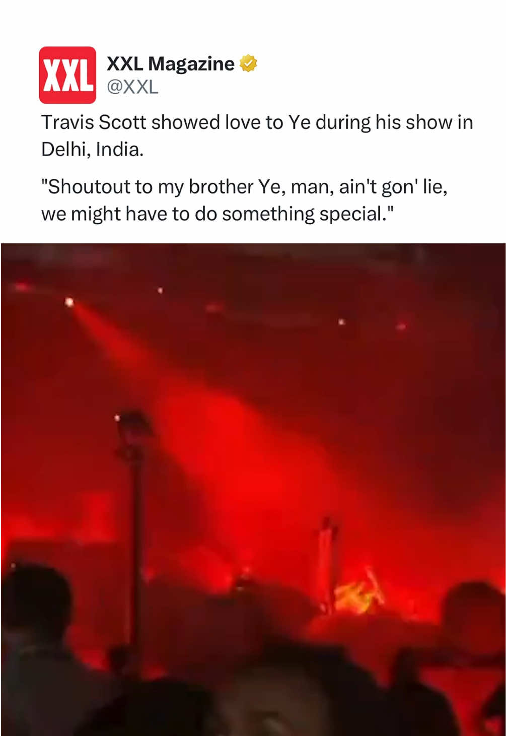 Travis Scott showed love to Ye during his show in Delhi, India. “Shoutout to my brother Ye, man, ain’t gon’ lie, we might have to do something special.”