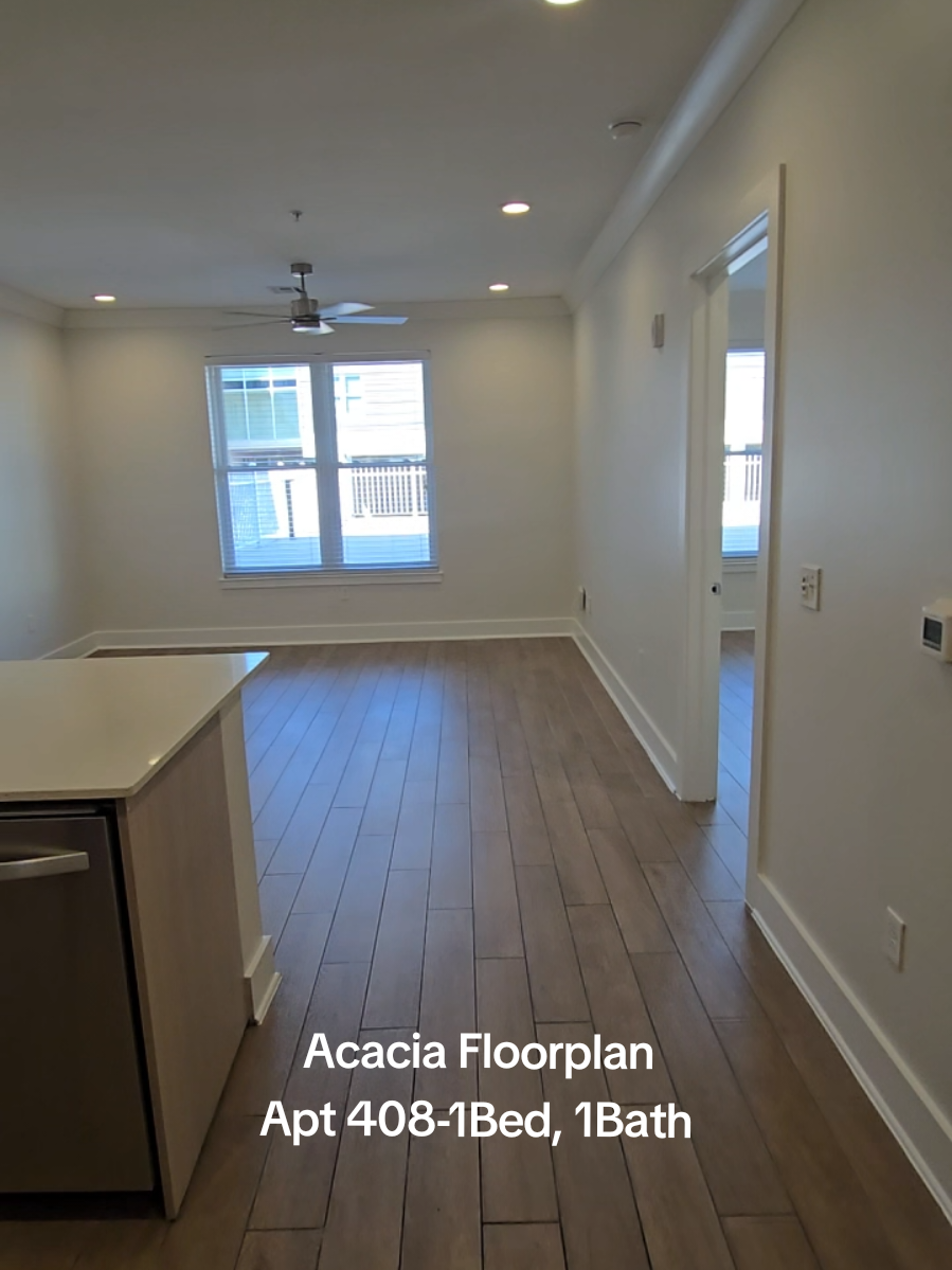 Apt. 408, Acacia Floorplan , 1bed, 1bath, 696 sqft, 4th floor, deck view, in-unit washer/dryer, kitchen appliances included. #leasing #apartmenttour #nola #midcity 