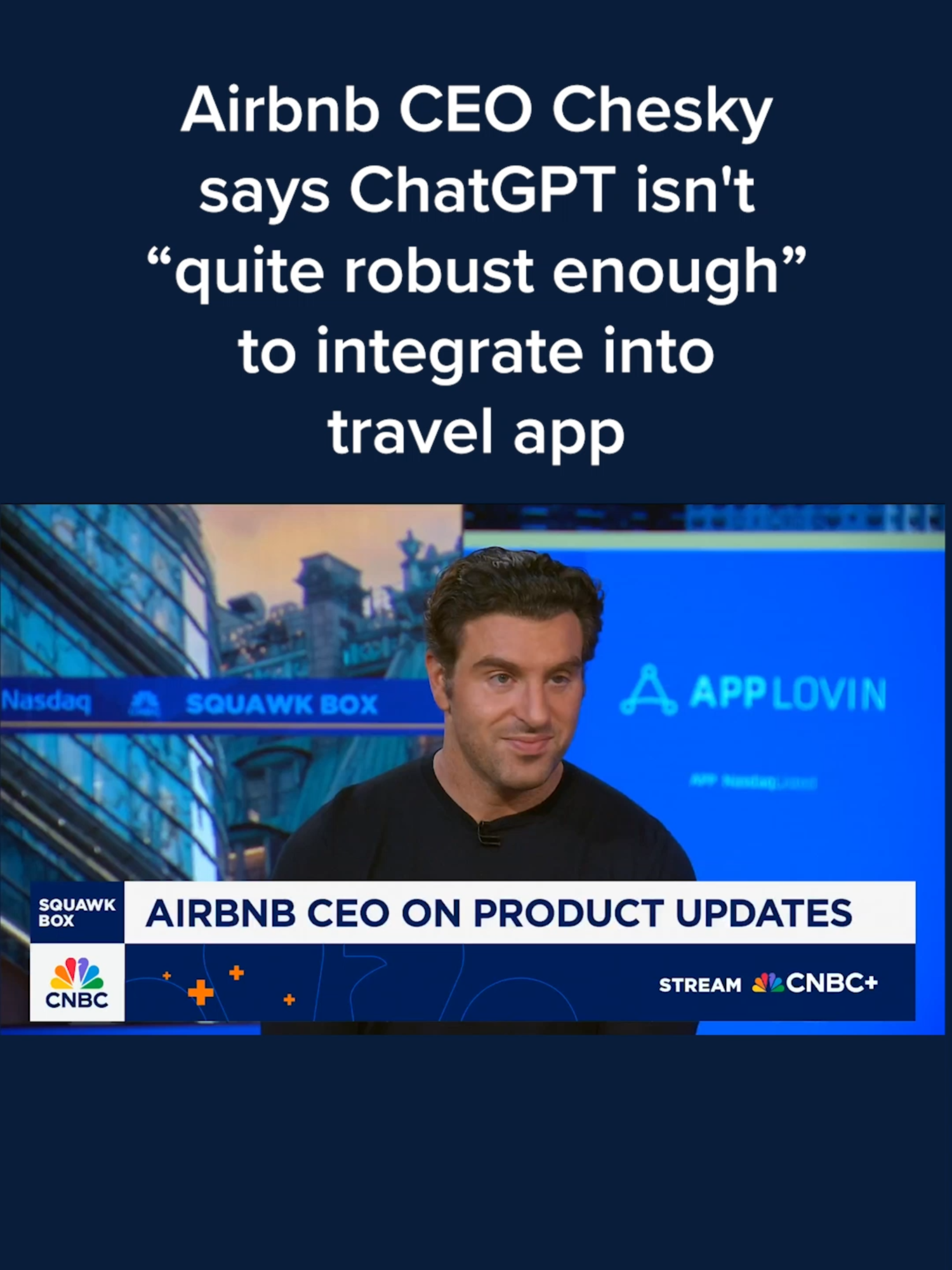 #Airbnb CEO Brian Chesky said he wants to integrate #ChatGPT artificial intelligence capabilities into the travel platform but the software isn’t ready. “The [software development kit] wasn’t quite robust enough for the things we want to do,” he told CNBC’s “Squawk Box” on Wednesday. Read more at the #linkinbio or tap on your screen. #CNBC