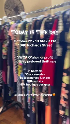 today is the day!! our monthly thrift preloved sale!  We’re open til 3 PM -  1040 Richards Street  shop our donated preloved items, helping to reduce landfill waste ANDDD support a local nonprofit that helps the community 🧡 #oahu #nonprofit #ywca #thrift #womensfashion 