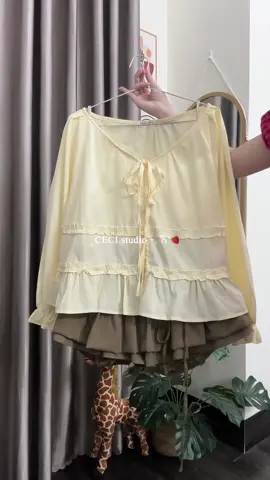 Áo dài tay babydoll chất gió hàn ,cổ tim phối viền bèo xinh #xh 