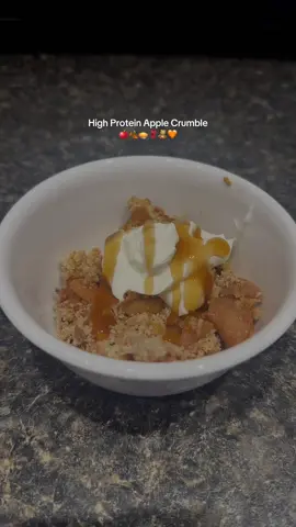 High Protein Apple Crumble🍎🍂🥧🧣🧸🧡 Ingredients-  For the apple filling- •4 medium apples  •2 tbsp SF maple syrup  •1 tsp ground cinnamon  •1 tbsp lemon juice  For the protein crumble topping- •1/2 cup GF rolled oats  •1/2 cup almond flour  •1/4 cup vanilla protein powder  •2 tbsp Splenda brown sugar  •2 tbsp melted coconut oil  •1/4 tsp salt  1. Preheat your oven to 350° and lightly grease baking dish with coconut oil  2. In a large mixing bowl combine your sliced apples, maple syrup, cinnamon and lemon juice and toss until the apples are evenly coated 3.Spread the mixture evenly into the baking dish  4. In a separate bowl combine the rolled oats, almond flour, protein powder, brown sugar replacement, and salt  5. Drizzle the melted coconut oil over the dry ingredients, stirring until it forms a crumbly texture 6. Sprinkle the crumble topping over the apples  7. Bake for 35 mins or until top is golden brown 8. Serve on its own with a dollop of Greek yogurt or protein ice cream & SF caramel sauce  Enjoy!!!🧡🍎 @PEScience @RABEKO CANADA  #fall #protein #proteinrecipe #fyp #foryou