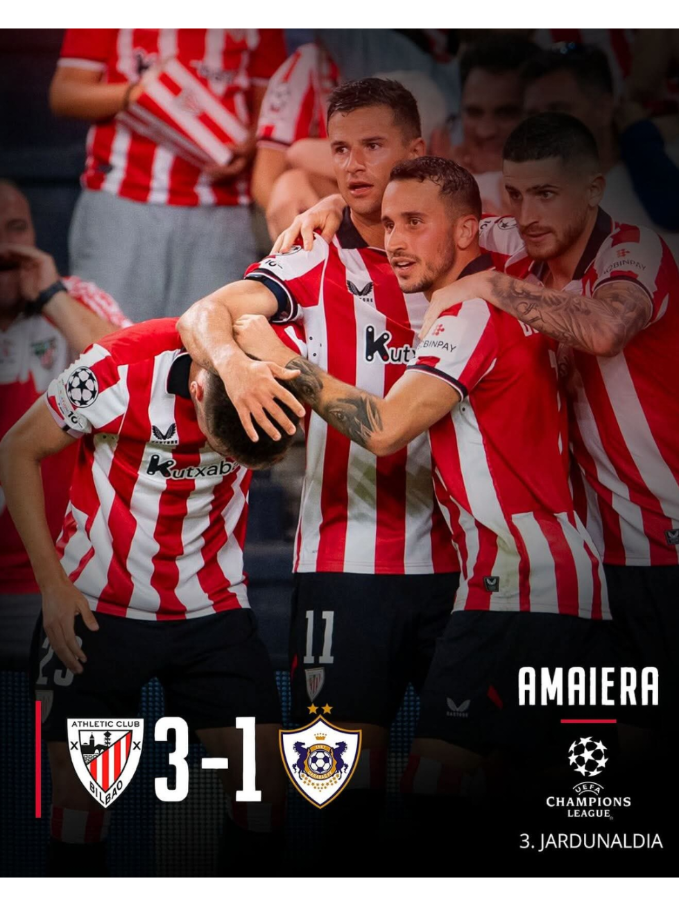 Full-Time at San Mamés! Athletic Club come from behind to secure a strong 3–1 victory over Qarabağ FK! 💪🔴⚪ ⚽ Goals: Andrade 1’ ⚡ (Qarabag) Guruzeta 40’, 88’ ⚽⚽ Navarro 70’ 🎯 Final Score: Athletic Club 3–1 Qarabağ FK 🙌 #AthleticClub #QarabagFK #EuropaLeague #Bilbao