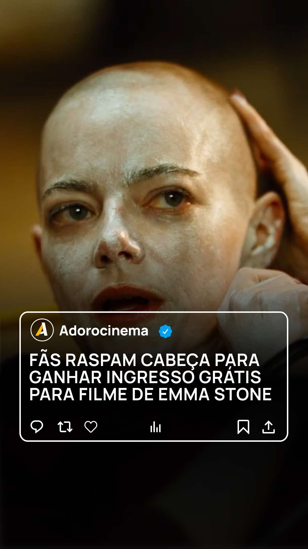 😱 CORAGEM! Fãs rasparam a cabeça para uma exibição antecipada de “Bugonia”, novo filme estrelado por Emma Stone, que também aparece careca na produção! O longa chega aos cinemas brasileiros no dia 27 de novembro. E você, rasparia o cabelo para assistir ao filme? #AdoroCinema #EmmaStone #tiktokmefezassistir #bugonia