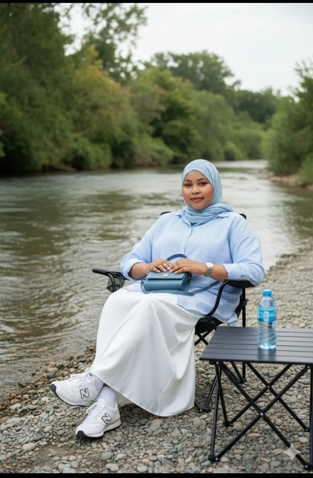 #❤️❤️NouraRashiid #somaliland❤️❤️❤️❤️fpy❤️💖💖❤️tiktok Ultra-realistic photo of the woman from the reference image, relaxing in a camping chair by a running riverbank. This time, she will be wearing Islamic clothes, specifically a full abaya, and her legs crossed. She should also be wearing half-white New Balance sneakers and a silver chain watch. In front of her, there will be a black foldable camping table holding bottled water. I will ensure her original skin color, face, and overall appearance are maintained as in the reference. Soft blues meet crisp white elegance. This look features an oversized light blue and white striped button-down shirt paired with a flowing, floor-length white satin/silk slip skirt. The outfit is completed with a matching pastel blue hijab and a miniature blue top-handle bag, creating a cohesive and effortlessly chic, modest aesthetic.