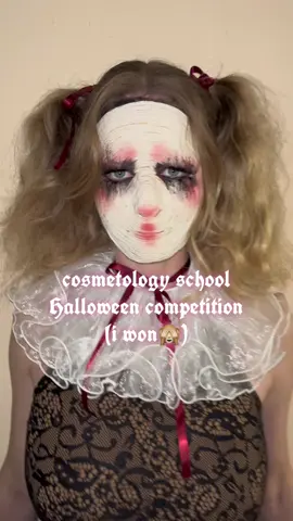 i had soooo much fun challenging myself for this competition!! it definitely payed off!! i love my classmates so much it’s always so much fun seeing everyone express themselves differently! #halloween #halloweenmakeup #yarnmakeup #mehronmakeup #cosmoschool 