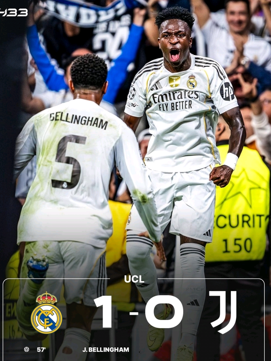 FT: REAL MADRID 1-0 JUVENTUS 🤯 Gol terjadi pada menit 58 skor menjadi 1 - 0. GOOLLL!! Bola rebound jatuh kepada Jude Bellingham dan kemudian dia menembak masuk dari jarak dekat. Berkat hasil ini, Real Madrid berada di posisi lima dengan poin 9. Sementara Juventus di posisi 25 klasemen dengan poin 2 #realmadrid #juventus #ucl #championsleague #vinicius #mbappe #judebellingham 