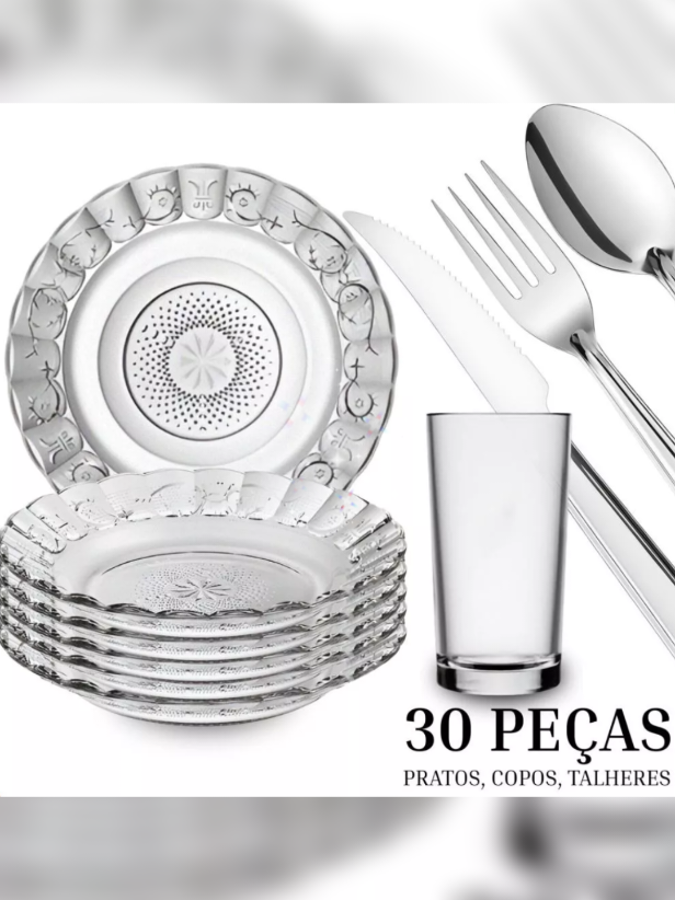 Jogo De Pratos Fundos E Copos C/30 Peças Aparelho de Jantar Em Vidro Com Talheres #prato #jantar #vidro #Cozinha #festa 