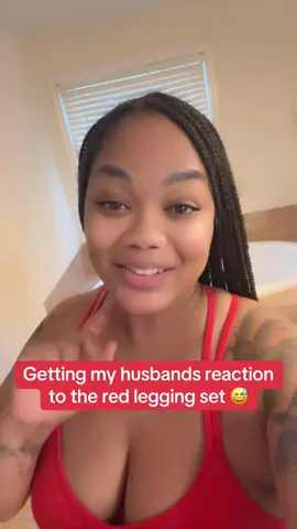 Getting my husbands reaction to the red legging set 😅 