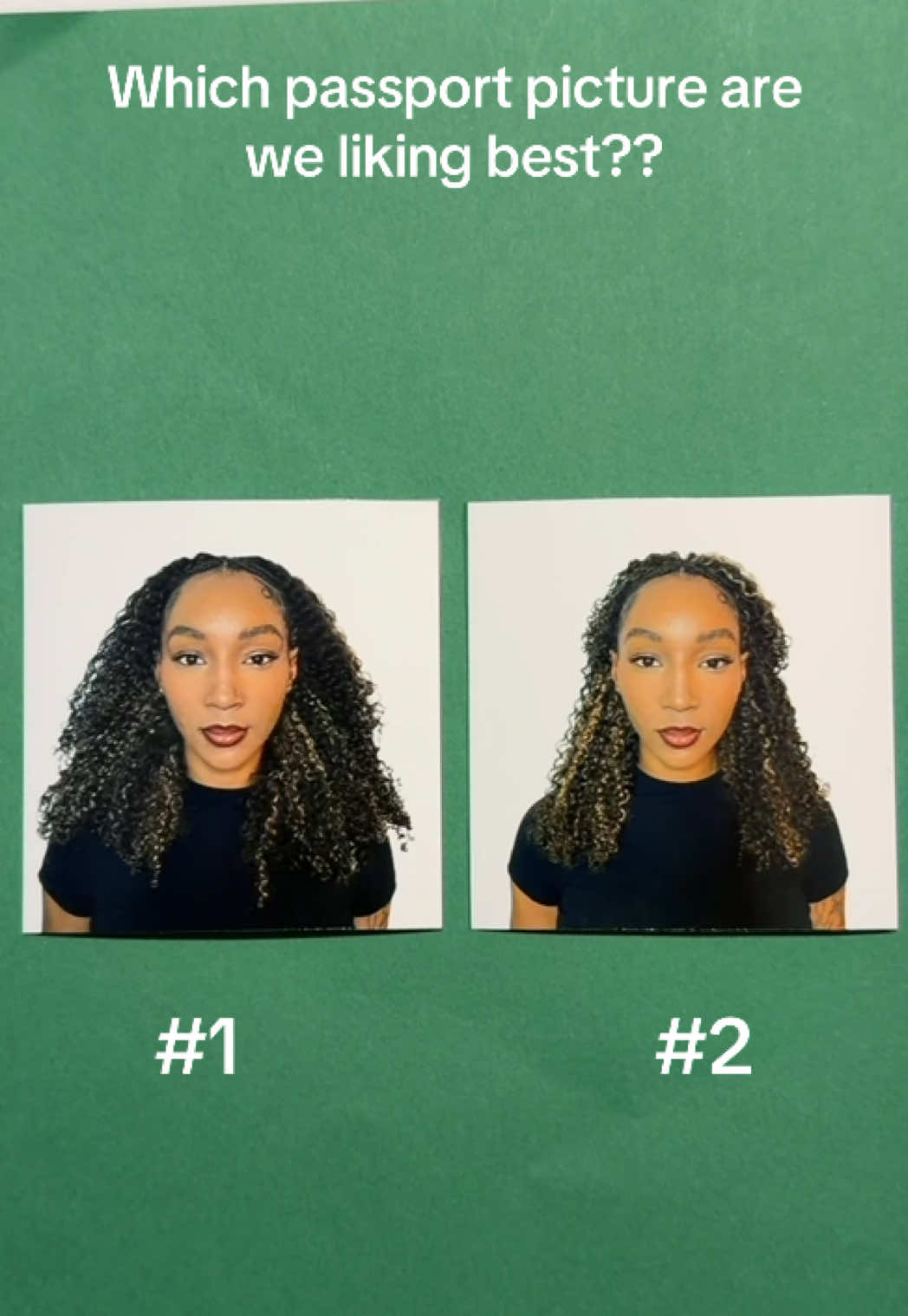 I took these myself I believe they both pass the photo standard but I don’t know which passport picture to submit😩 which one screams Mrs. Johnson? #passportrenewal #passportphoto #diypassportphoto #passportmakeup #helpmepick 